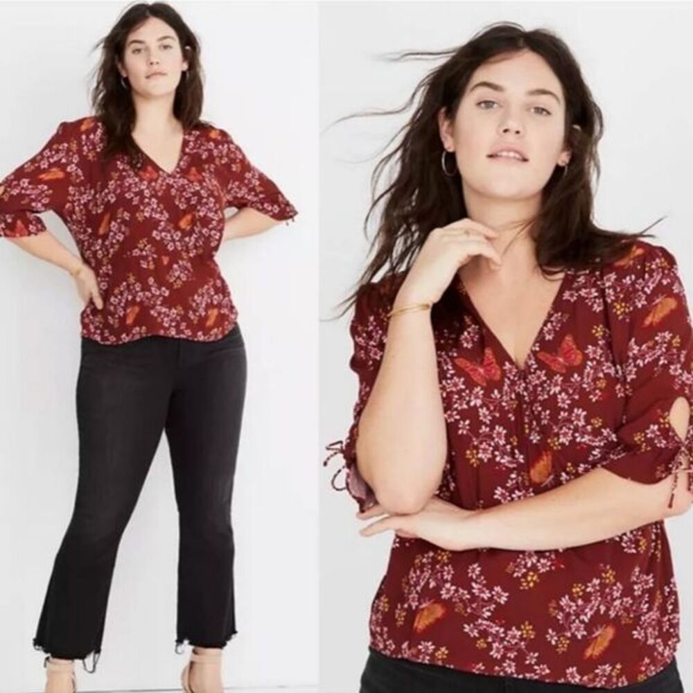Madewell -285 Tie-Sleeve Wrap Top in Butterfly Sanctuary NWT‎ Size 24